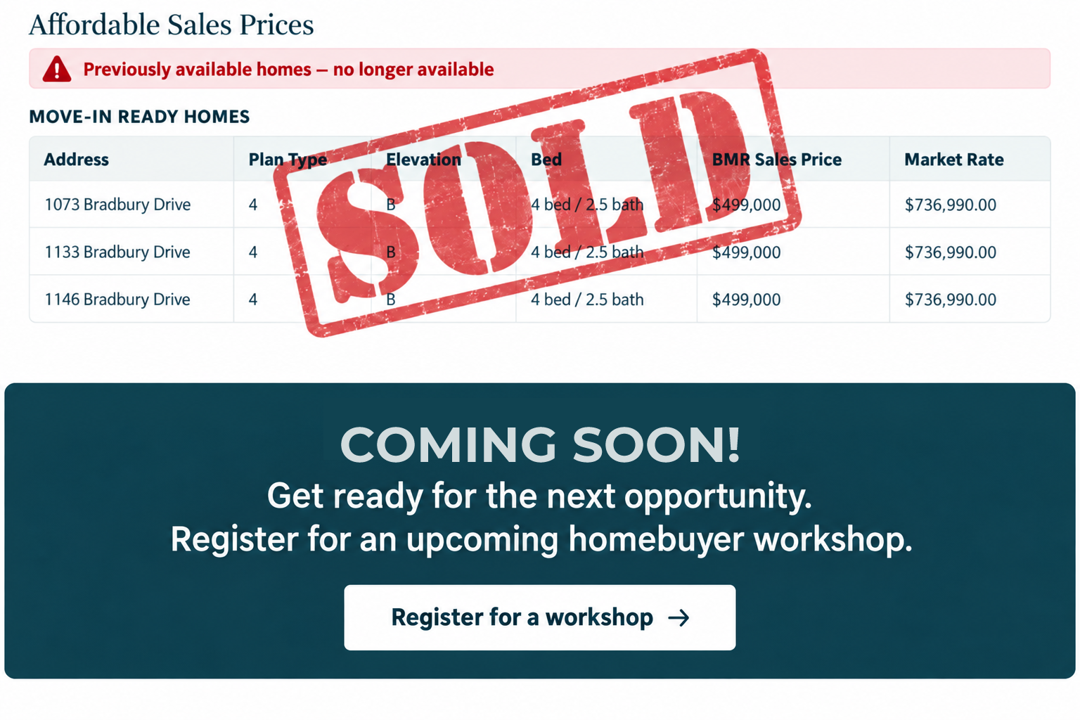 Affordable Sales Prices — SOLD. Previously available homes at 1073, 1133, and 1146 Bradbury Drive are no longer available. New release coming soon. Register for an upcoming homebuyer workshop.